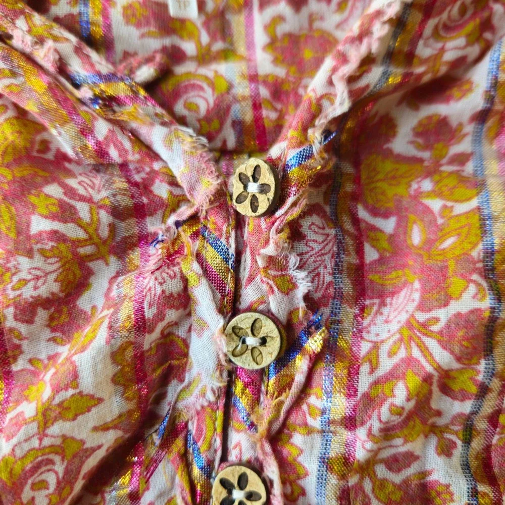 FREE PEOPLE Floral Metallic Lurex Boho Crop Top Size XS Balloon Sleeve Festival
